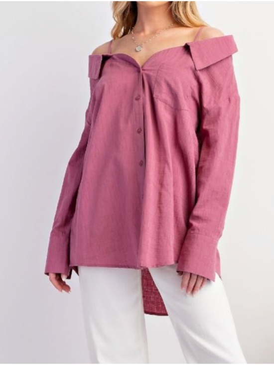 Easel Magenta Cold Shoulder Button Down Boyfriend Shirt - Picture 2 of 5